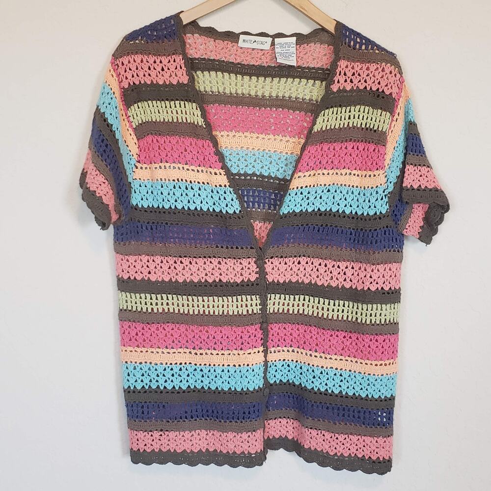 Vintage Stripe Crochet Short Sleeve Cardigan Women's Large Coastal Grandma